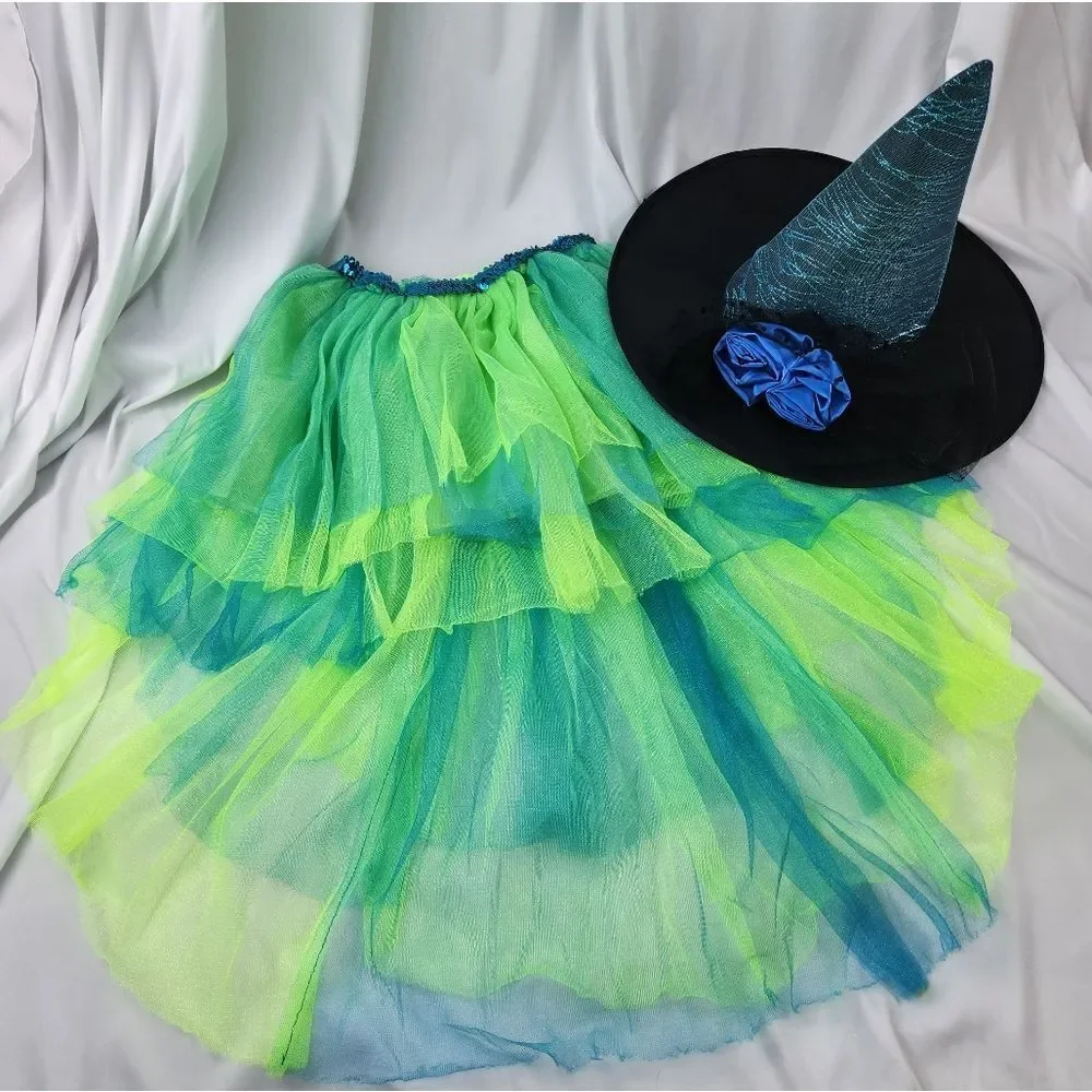 🧚‍♂️Neon & Sequin Tulle Hi-Low Skirt & Metallic Blue & Black Witch Hat Costume